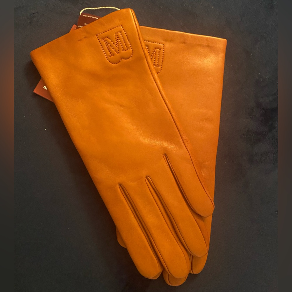 Bruno Magli Logo Cashmere-Lined Tan Leather Gloves